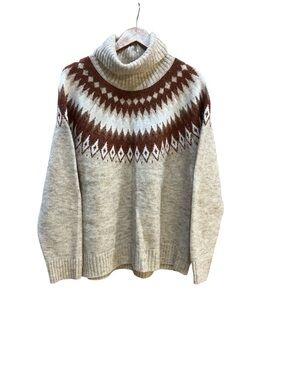 Turtleneck Fair Isle Sweater in Cream with Rust/Brown Yoke Print
